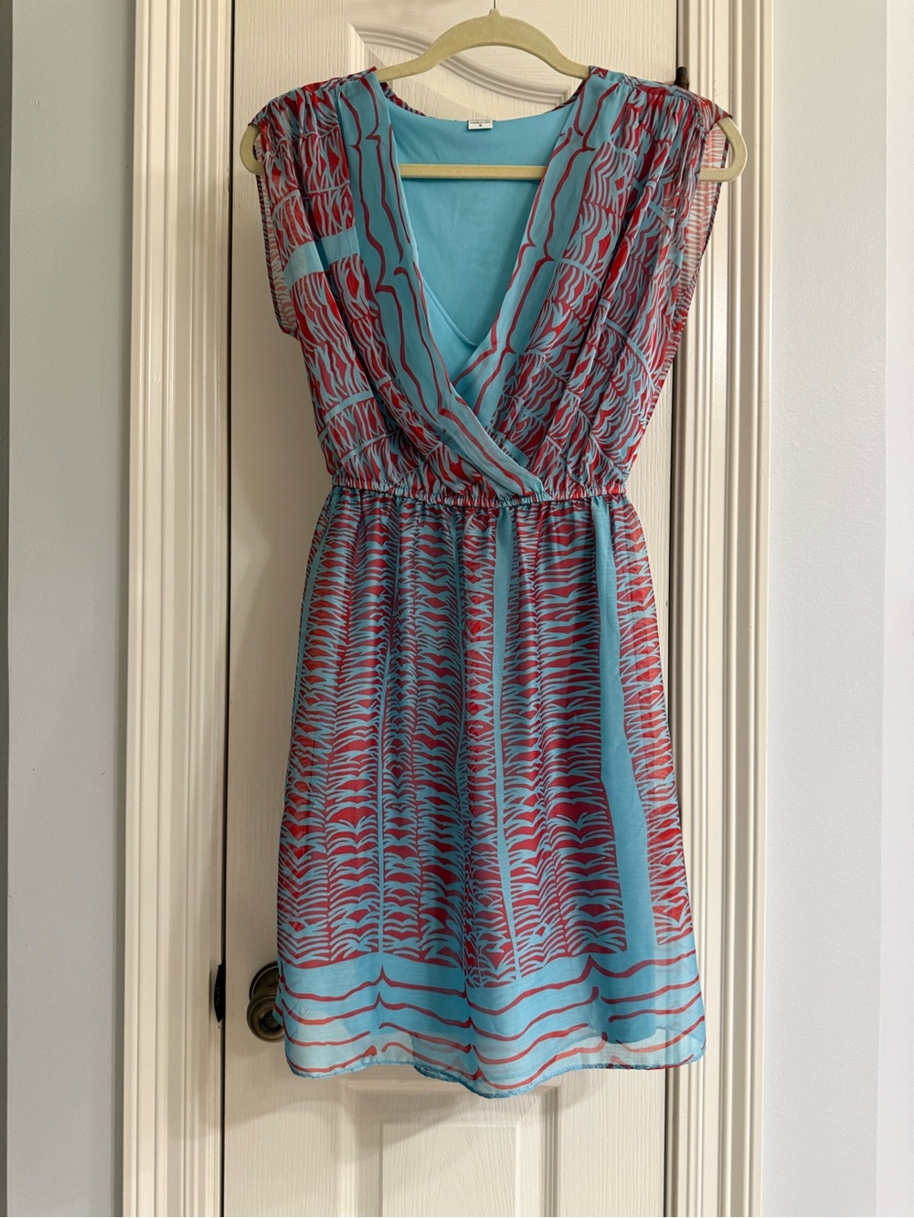 Bar III Light Blue and Coral Print Surplice Mini Dress